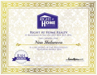 Platinum  Award. Right At Home is the Largest Brokerage in Ontario with over 5000 agents.