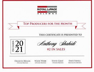 Top Producer (Ranked #2 out of 230 agents) December 2021